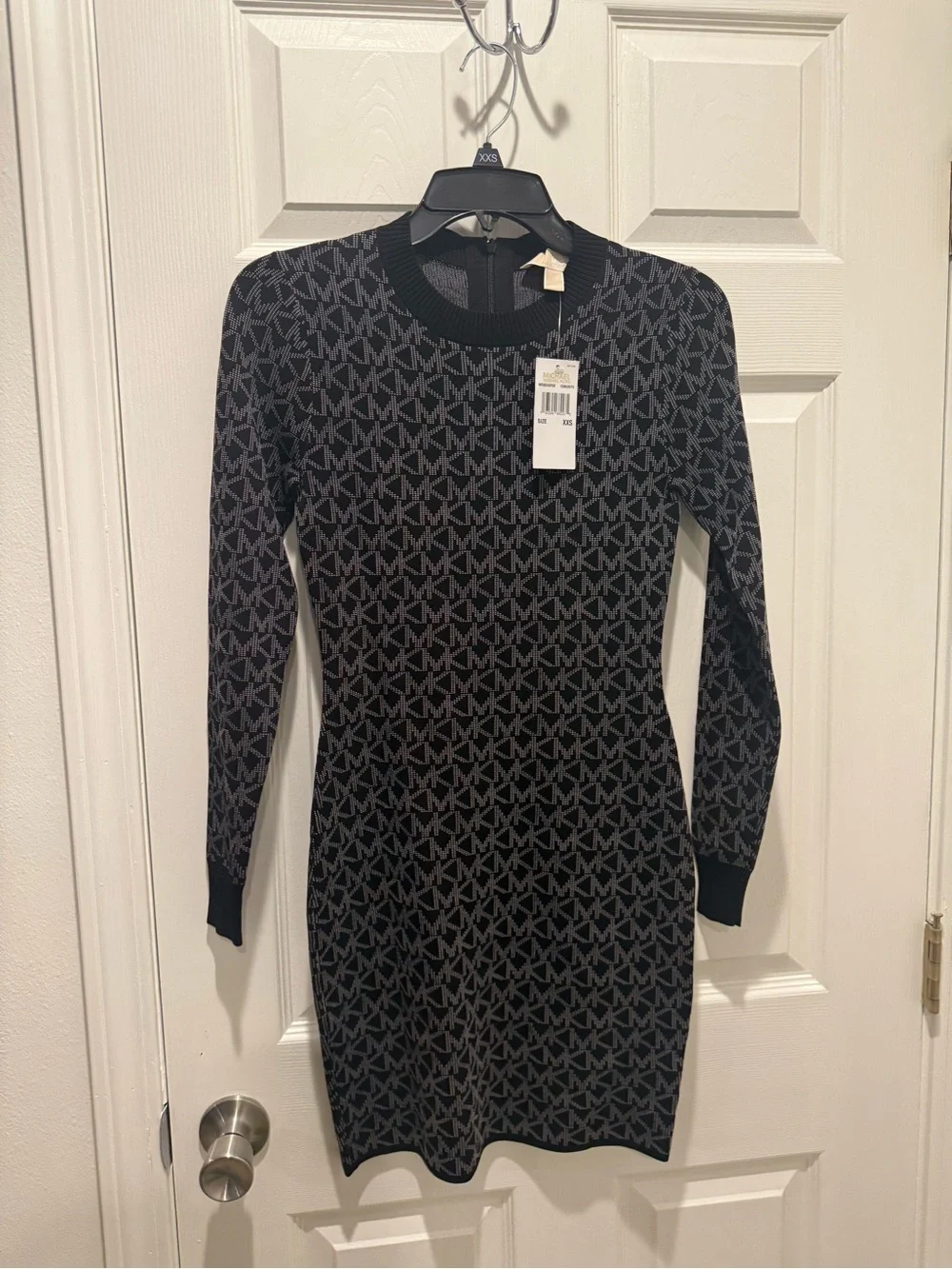 Michael Kors Black and Gray MK Logo Long Sleeve Knit Dress